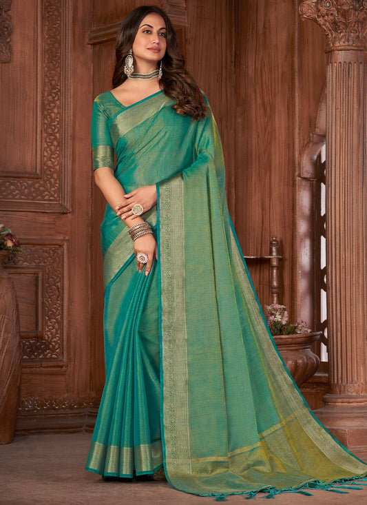 Classic Khadi Silk Linen Sea Green Woven Saree