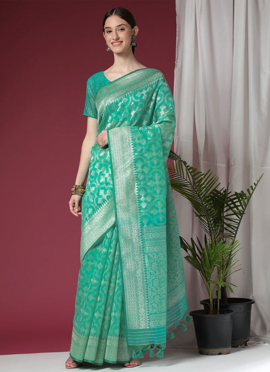 Contemporary Organza Silk Sea Green Weaving Saree