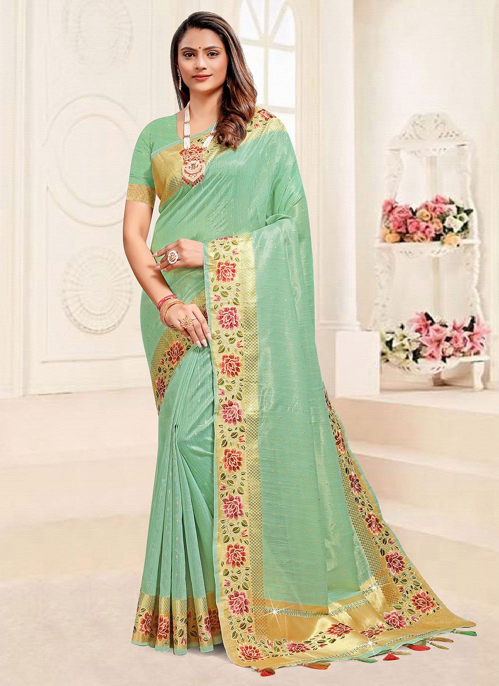 Trendy Saree Linen Tissue Sea Green Floral Patch Saree