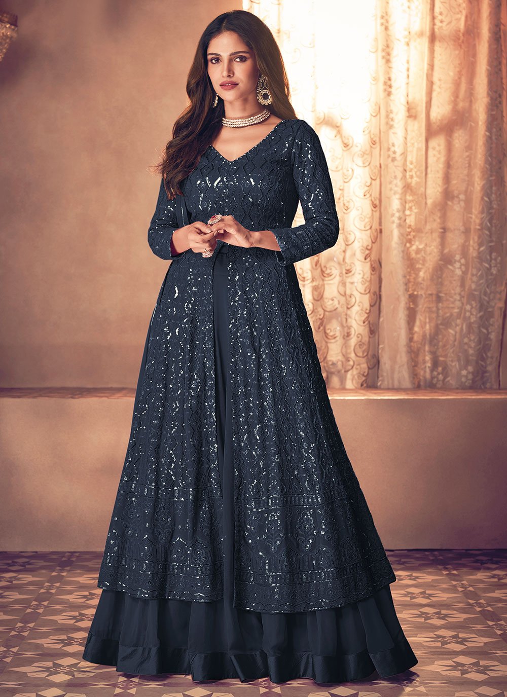 A Line Lehenga Georgette Blue Embroidered Lehenga Choli