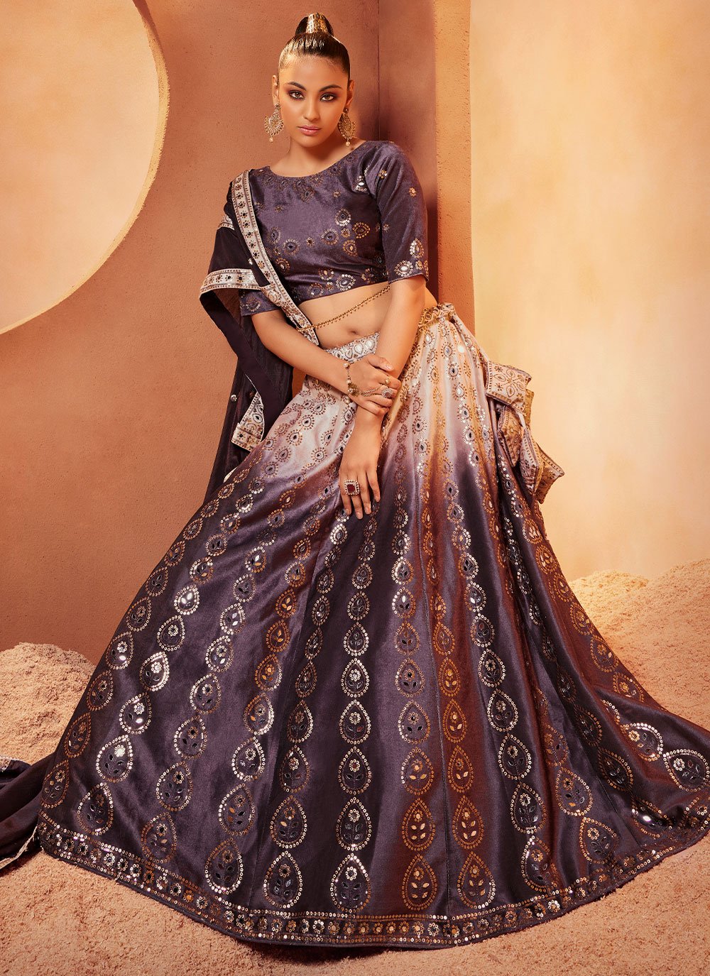 A Line Lehenga Velvet Purple Embroidered Lehenga Choli