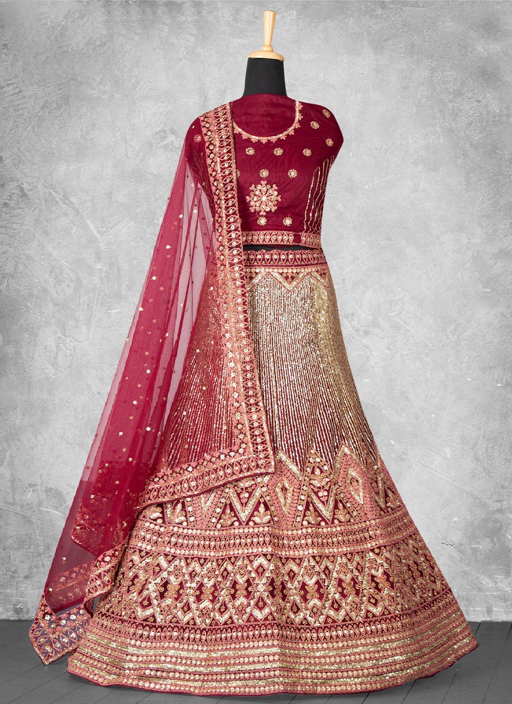 A Line Lehenga Velvet Hot Pink Embroidered Lehenga Choli