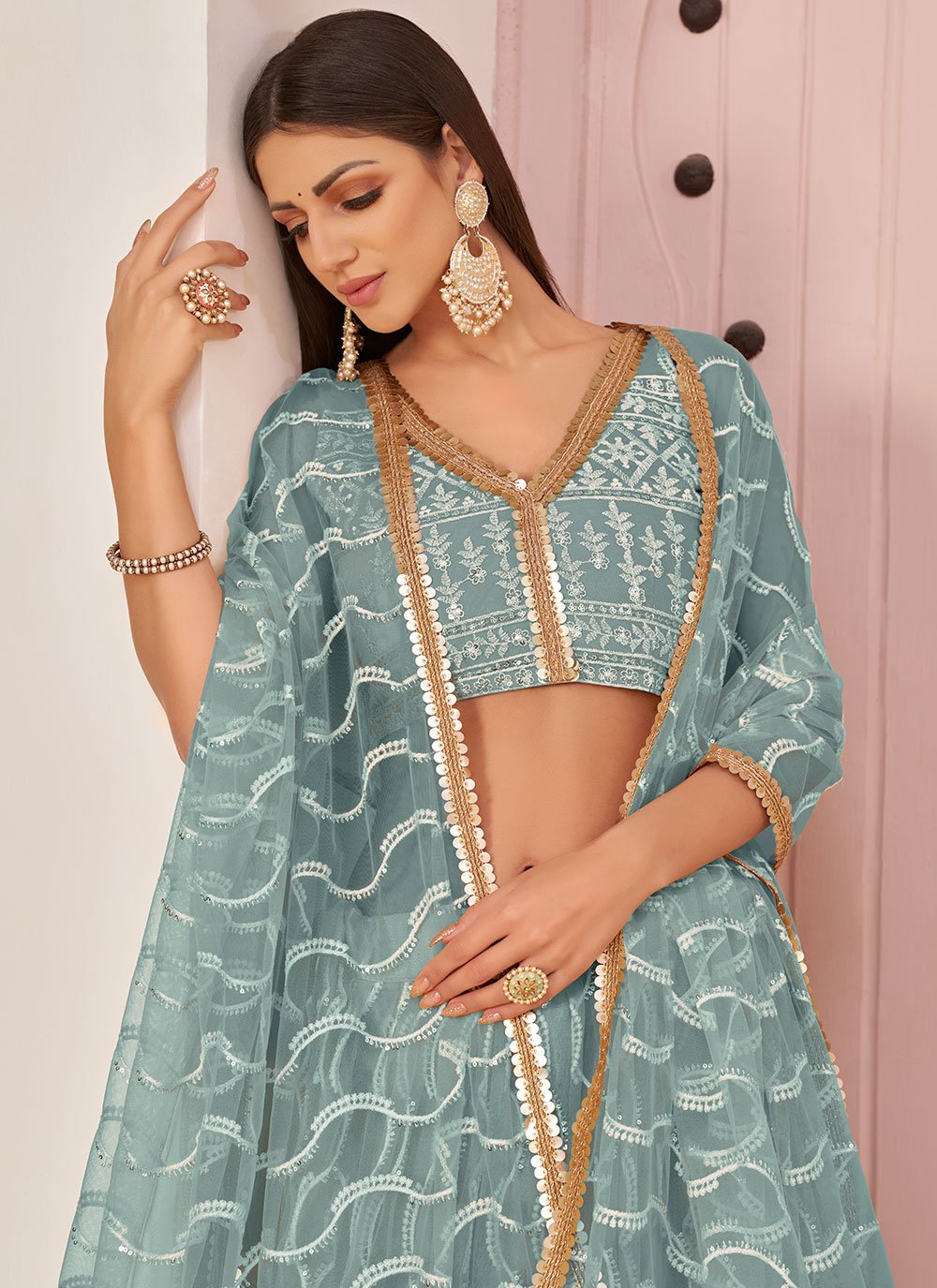 A Line Lehenga Net Aqua Blue Embroidered Lehenga Choli