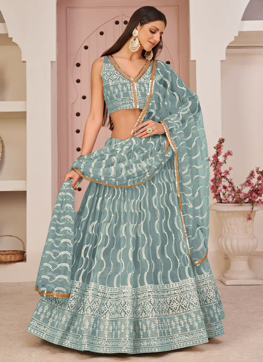 A Line Lehenga Net Aqua Blue Embroidered Lehenga Choli