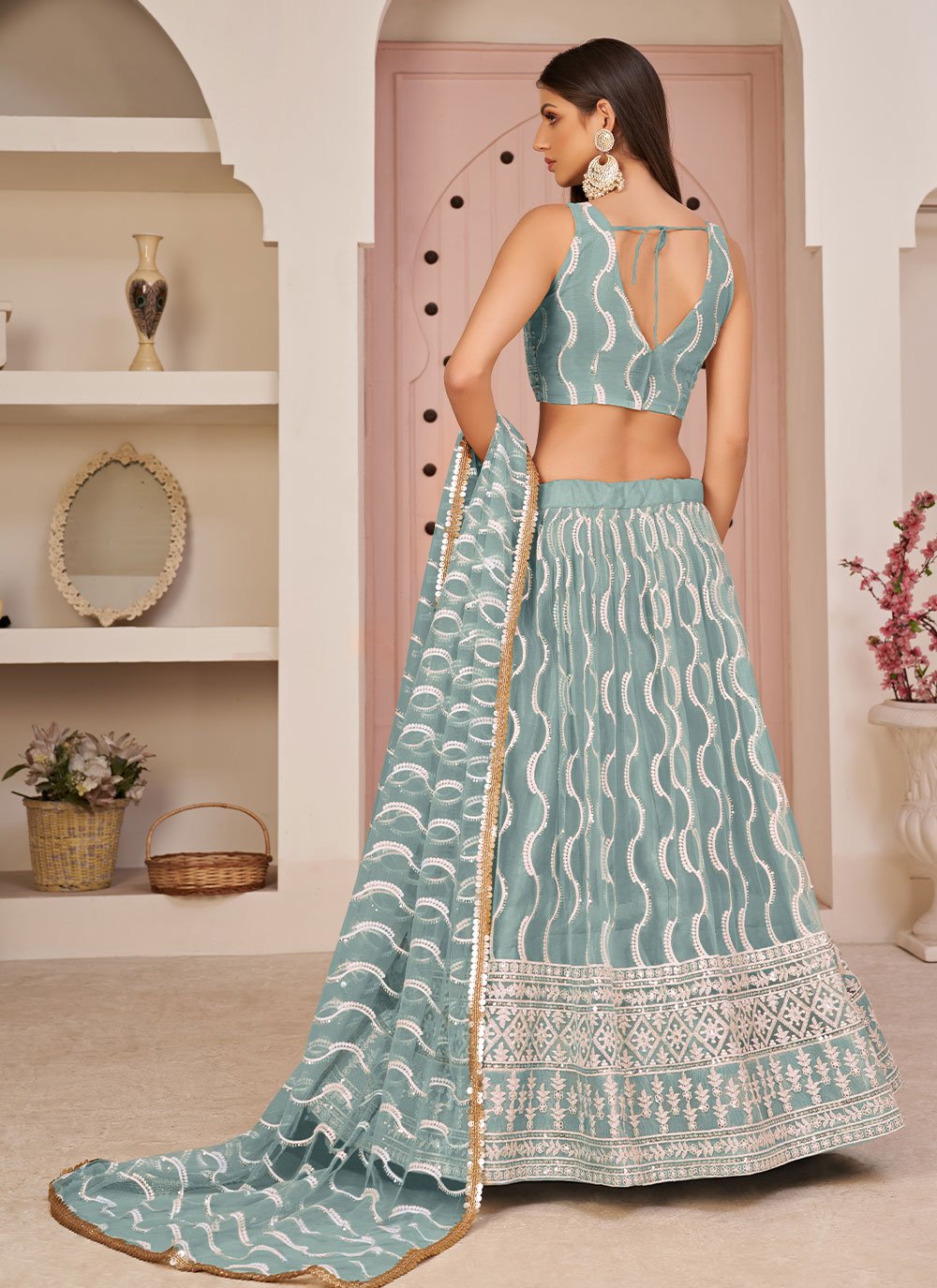 A Line Lehenga Net Aqua Blue Embroidered Lehenga Choli