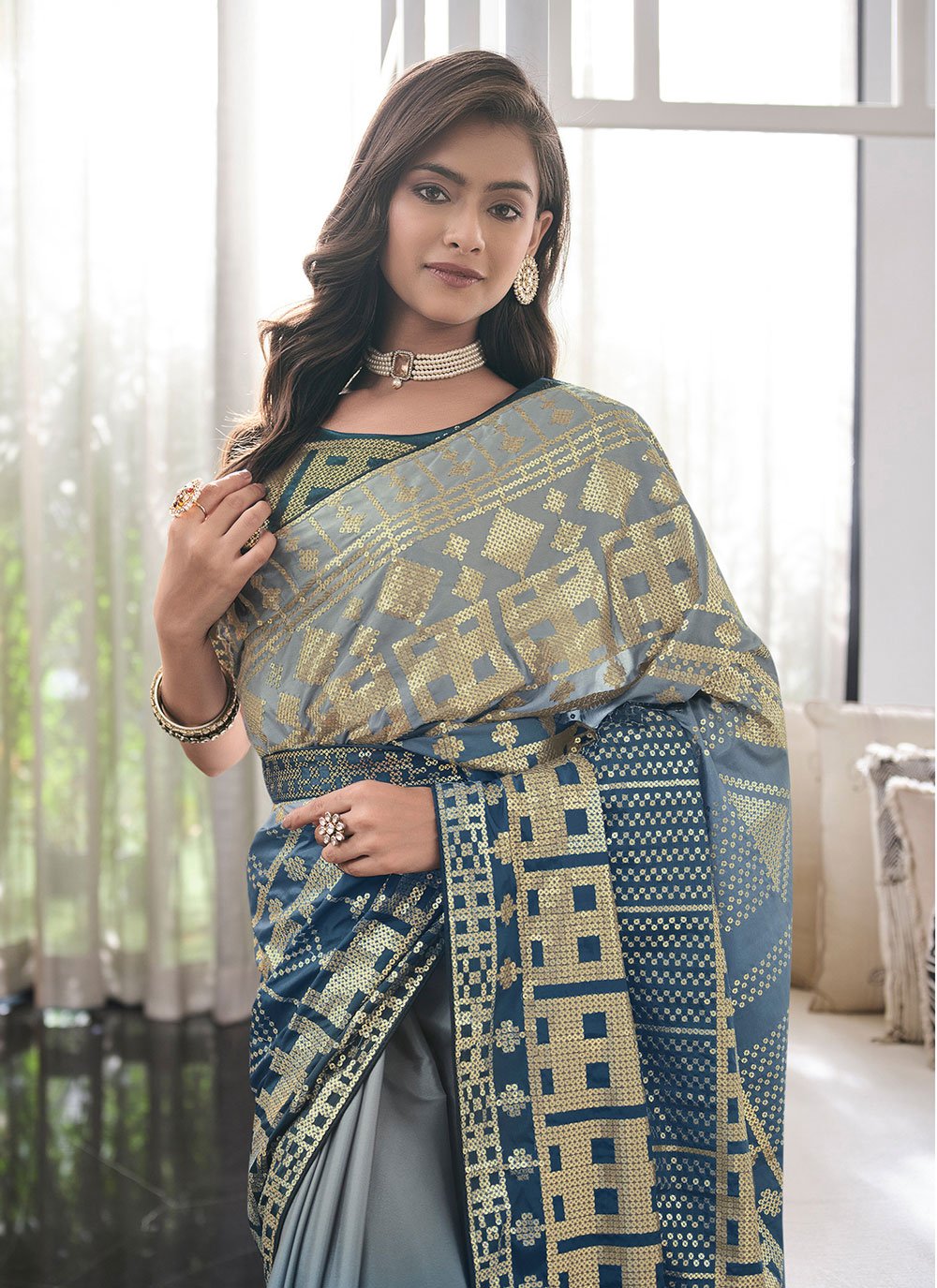 Classic Faux Crepe Aqua Blue Teal Digital Print Saree