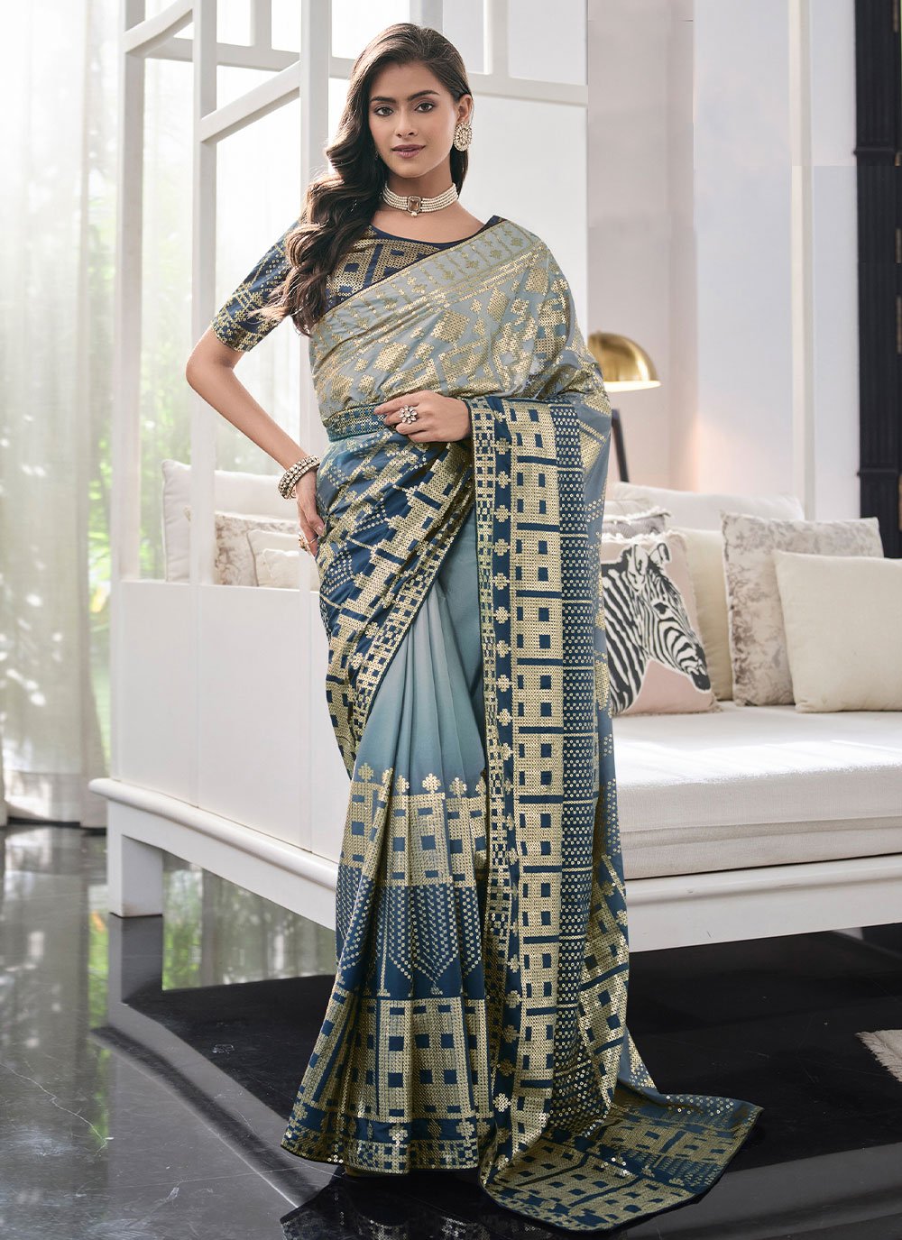 Classic Faux Crepe Aqua Blue Teal Digital Print Saree