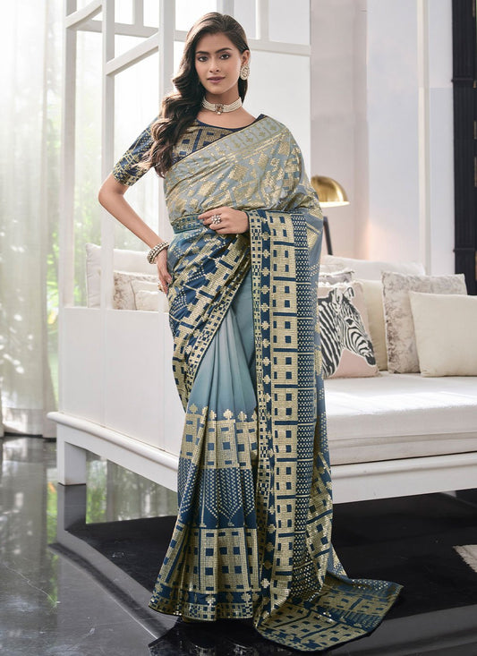 Classic Faux Crepe Aqua Blue Teal Digital Print Saree