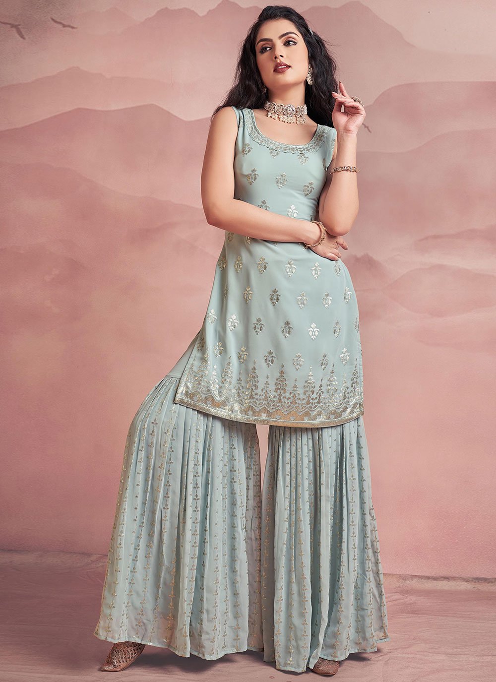 Salwar Suit Georgette Aqua Blue Sequins Salwar Kameez