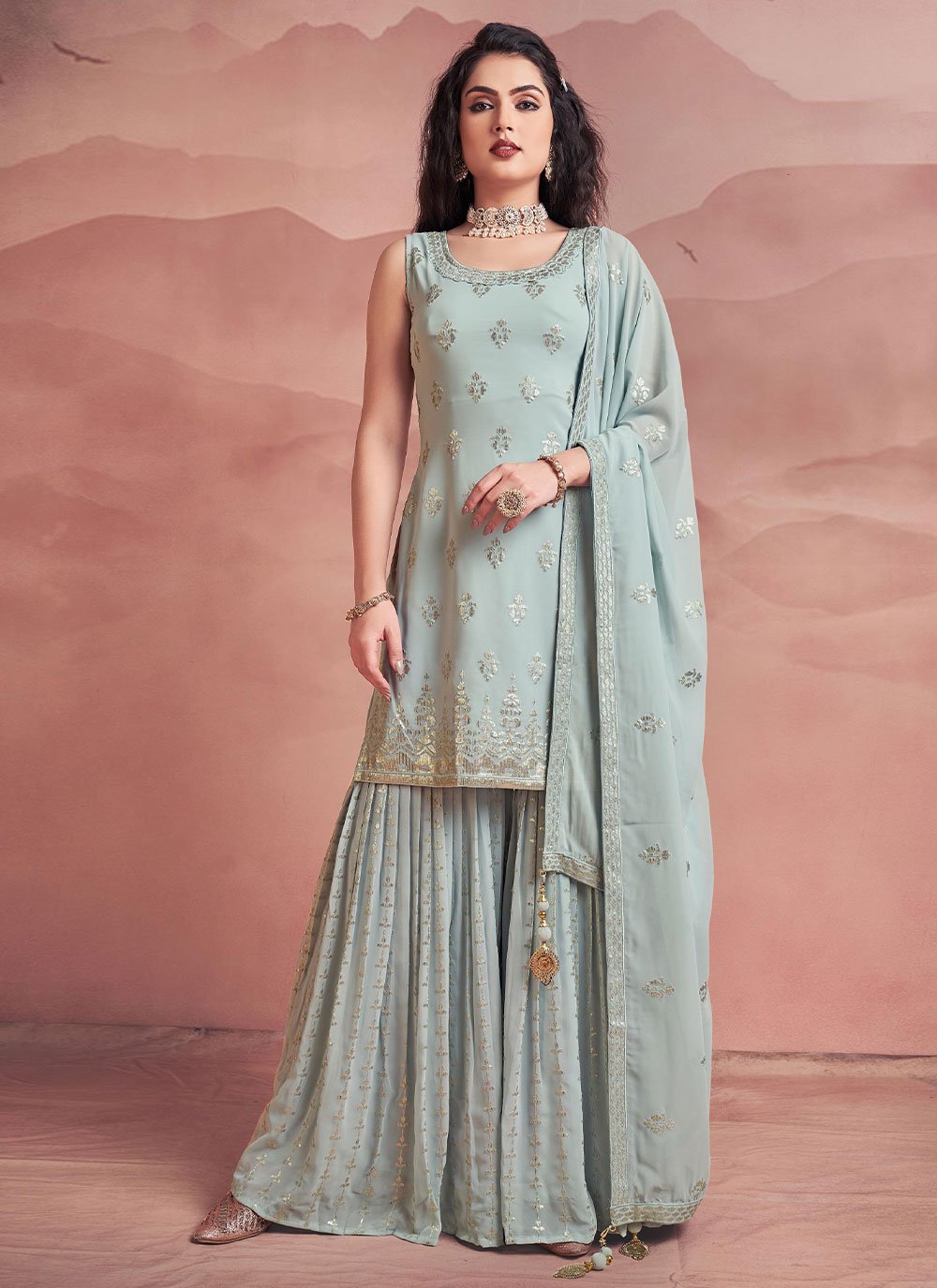 Salwar Suit Georgette Aqua Blue Sequins Salwar Kameez