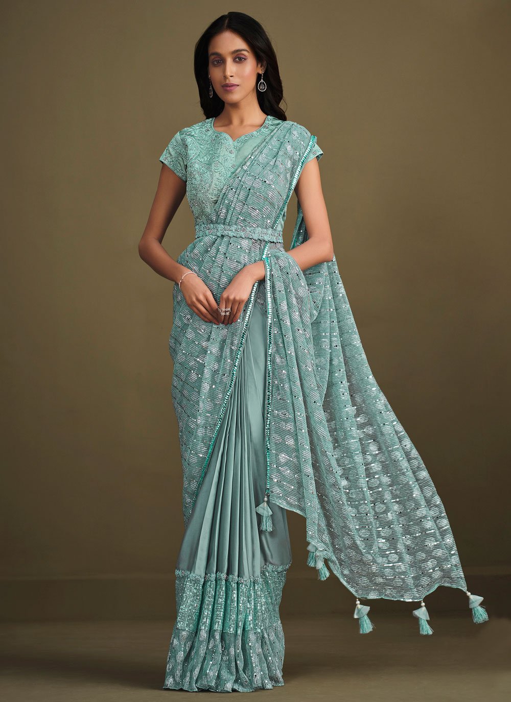 Classic Crepe Silk Aqua Blue Embroidered Saree