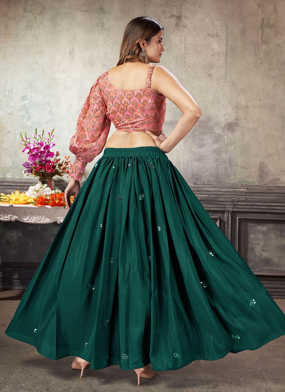 Readymade Lehenga Choli Art Silk Green Embroidered Lehenga Choli