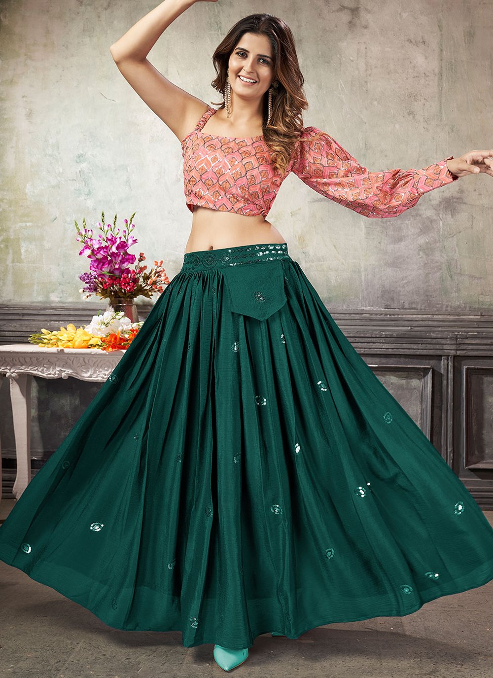 Readymade Lehenga Choli Art Silk Green Embroidered Lehenga Choli