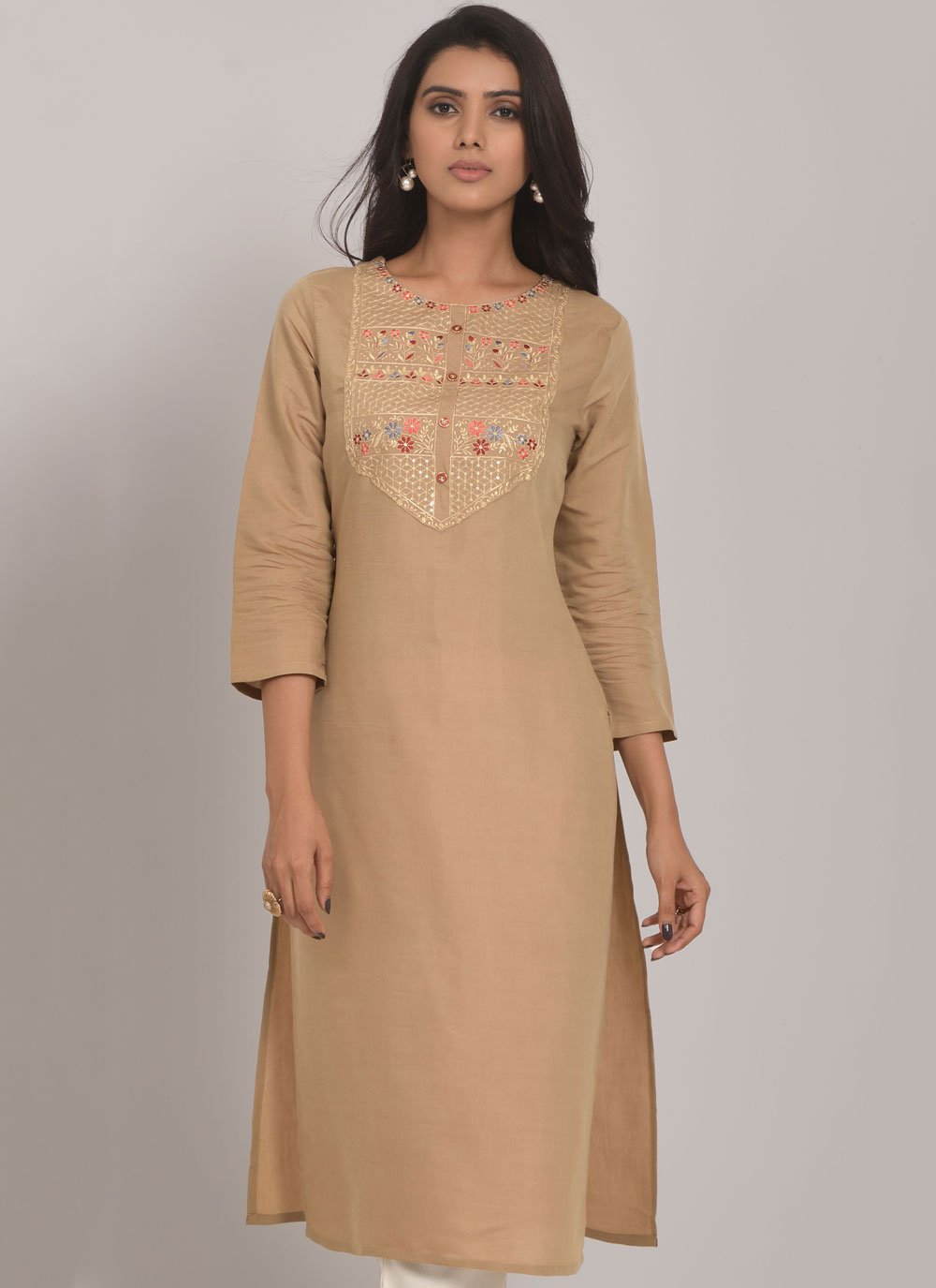 Designer Kurti Cotton Muslin Beige Embroidered Kurtis