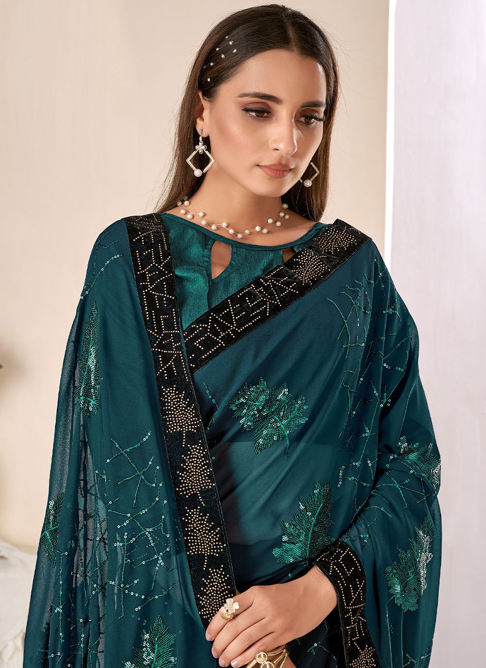 Contemporary Bembarg Georgette Turquoise Patch Border Saree