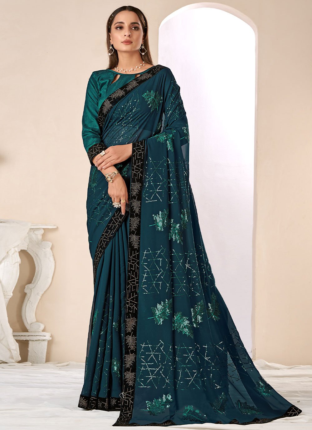 Contemporary Bembarg Georgette Turquoise Patch Border Saree