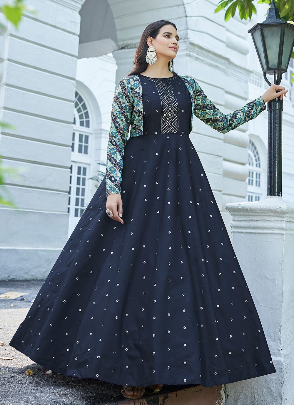 Designer Gown Cotton Blue Embroidered Gown