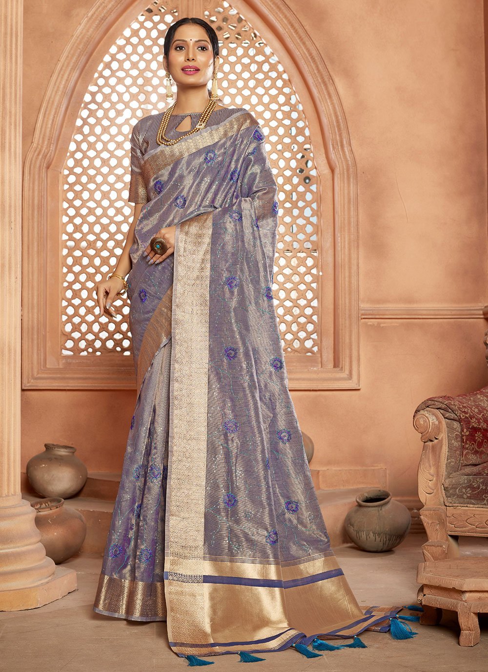 Contemporary Fancy Fabric Tissue Blue Resham Saree