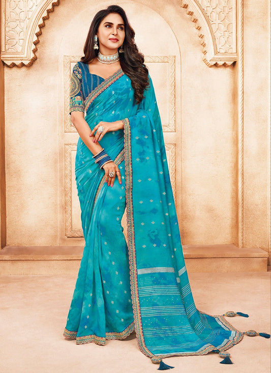 Traditional Saree Cotton Viscose Blue Patch Border Saree