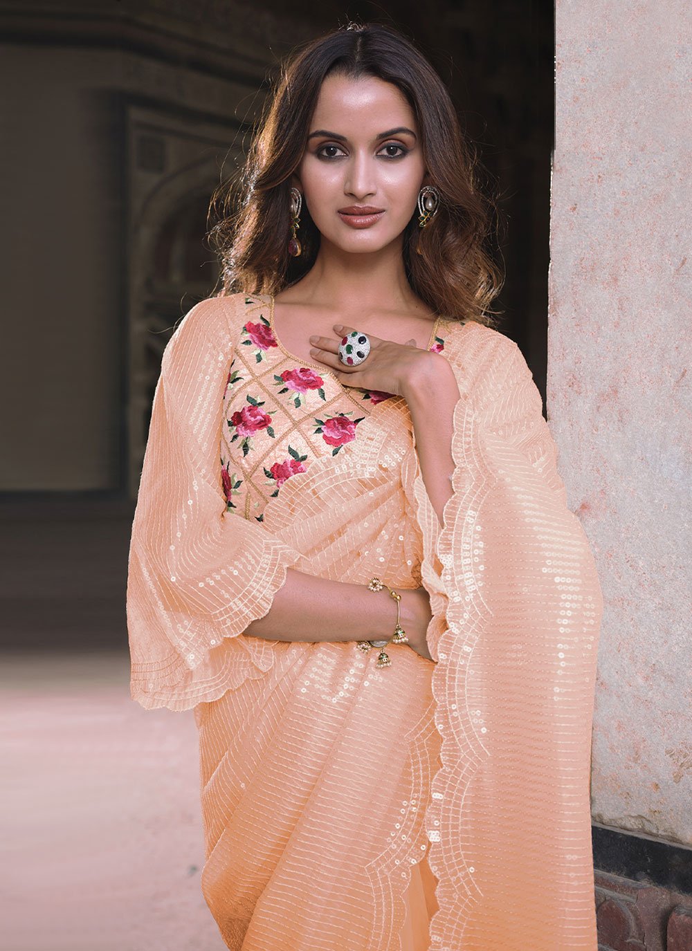 Classic Net Peach Sequins Saree