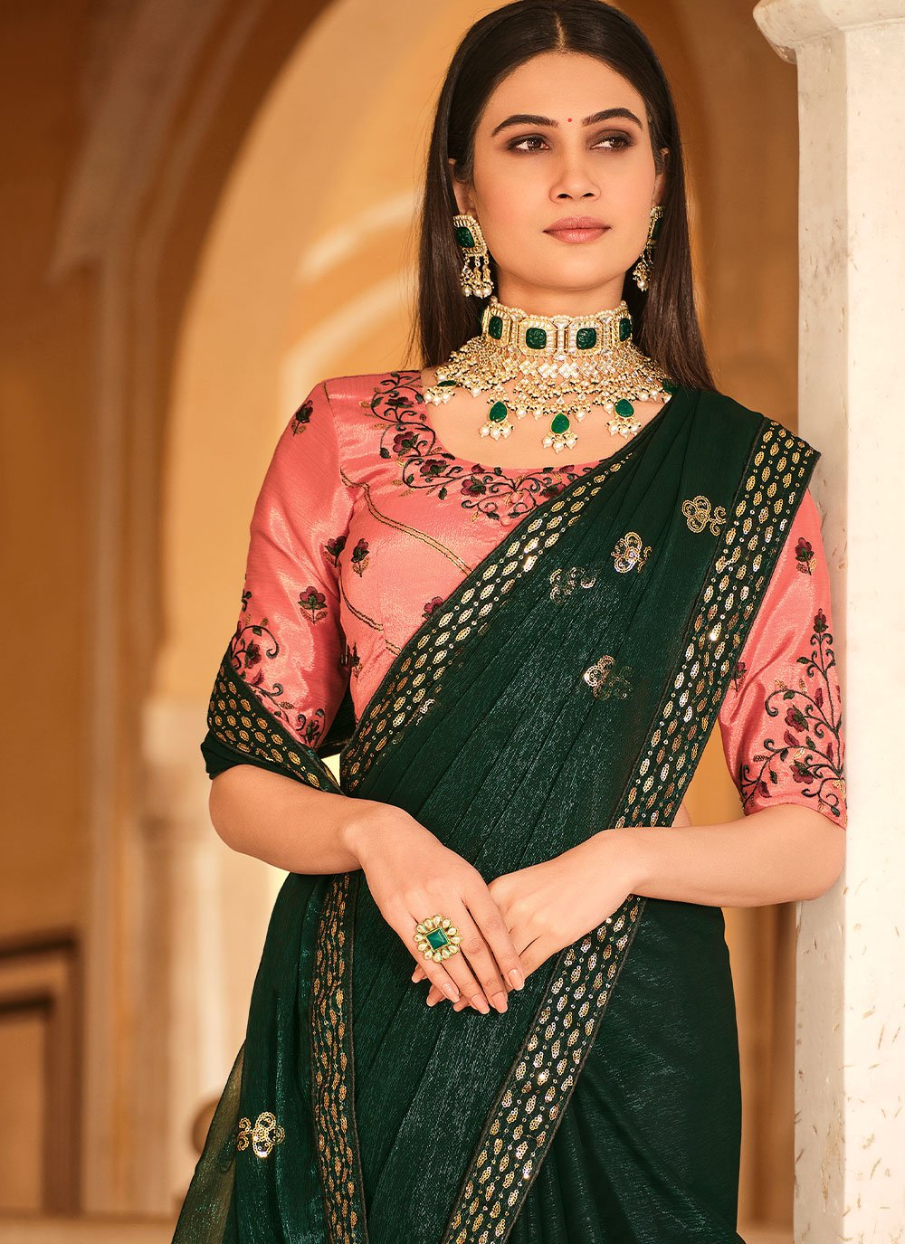 Contemporary Chinon Green Sequins Saree