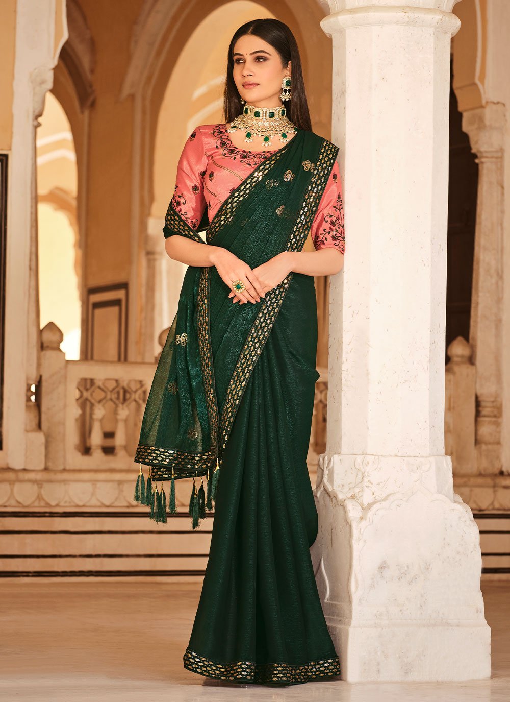 Contemporary Chinon Green Sequins Saree