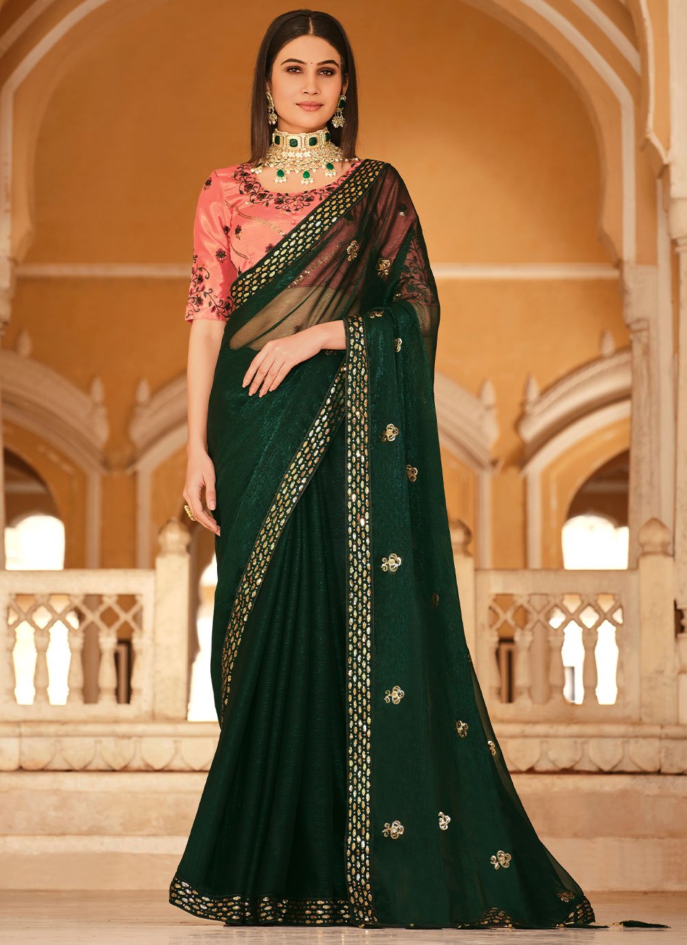 Contemporary Chinon Green Sequins Saree