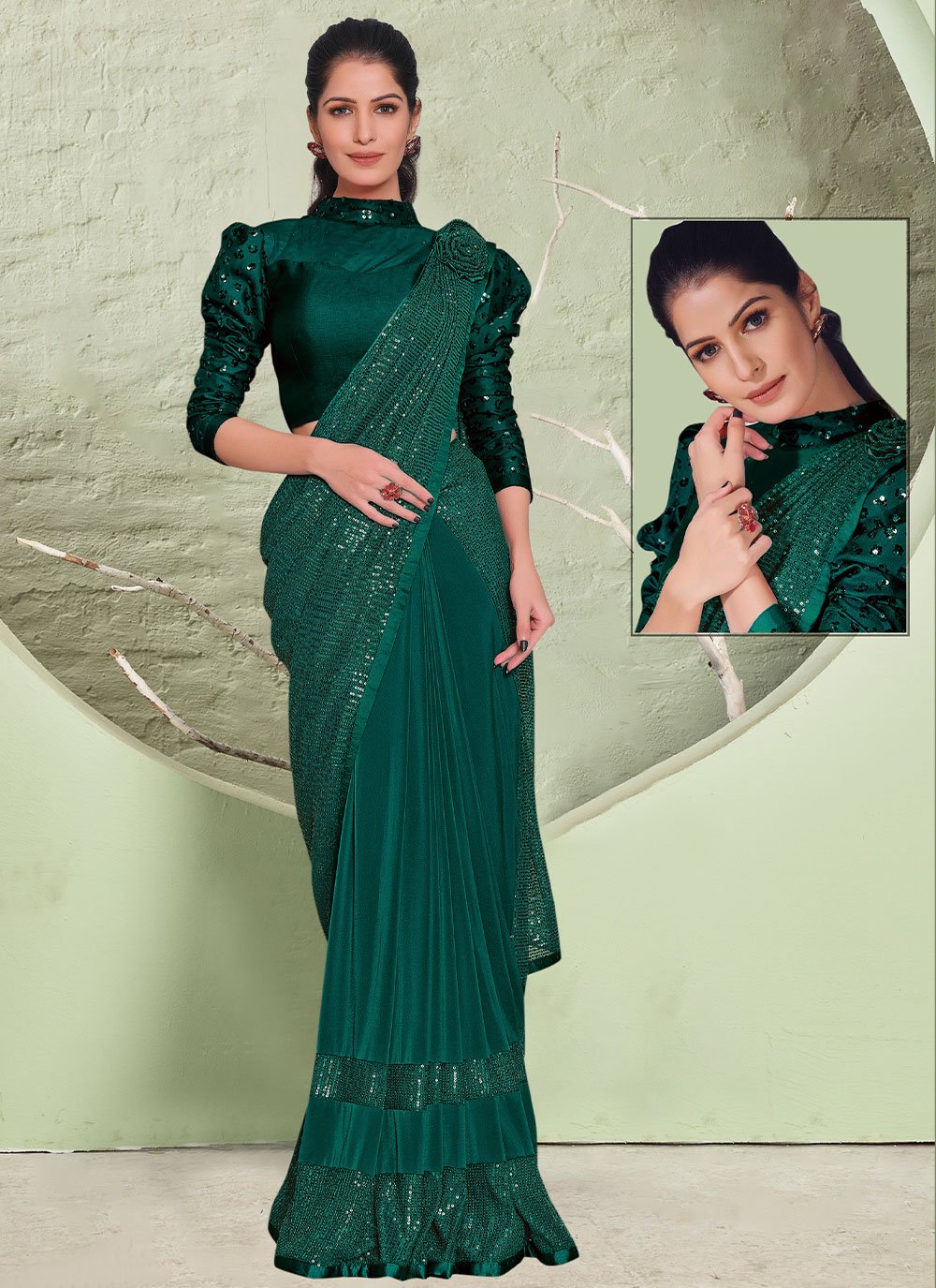 Classic Lycra Green Embroidered Saree