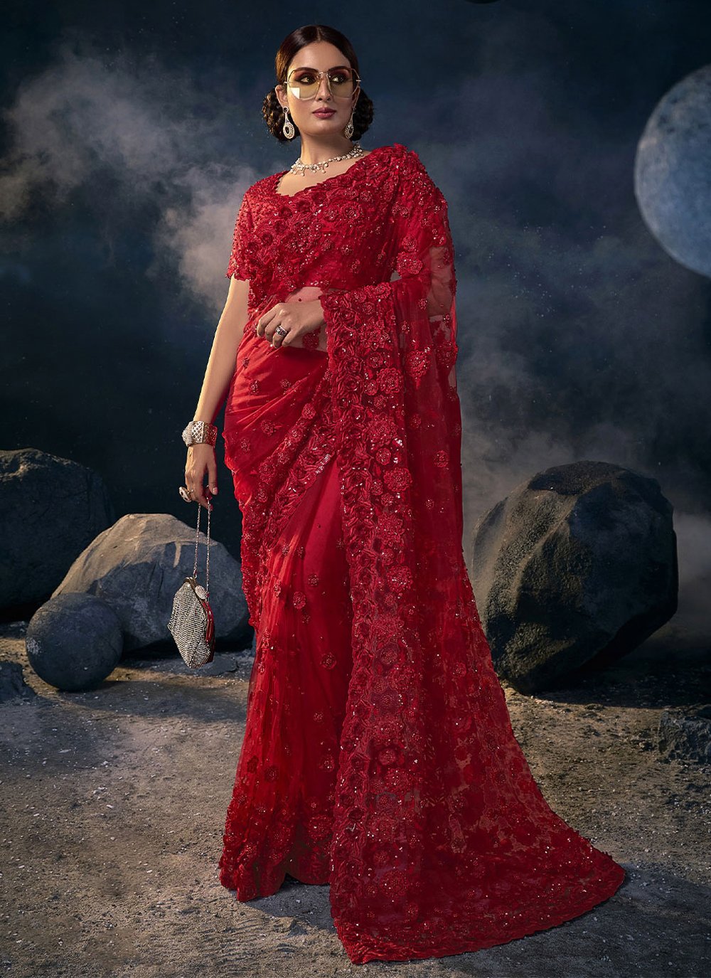 Contemporary Net Red Embroidered Saree