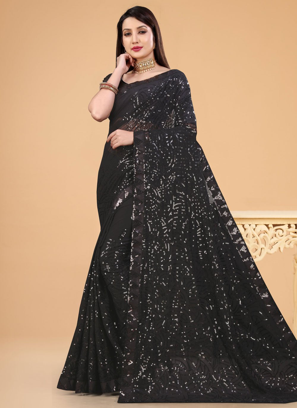 Contemporary Georgette Black Sequins Saree