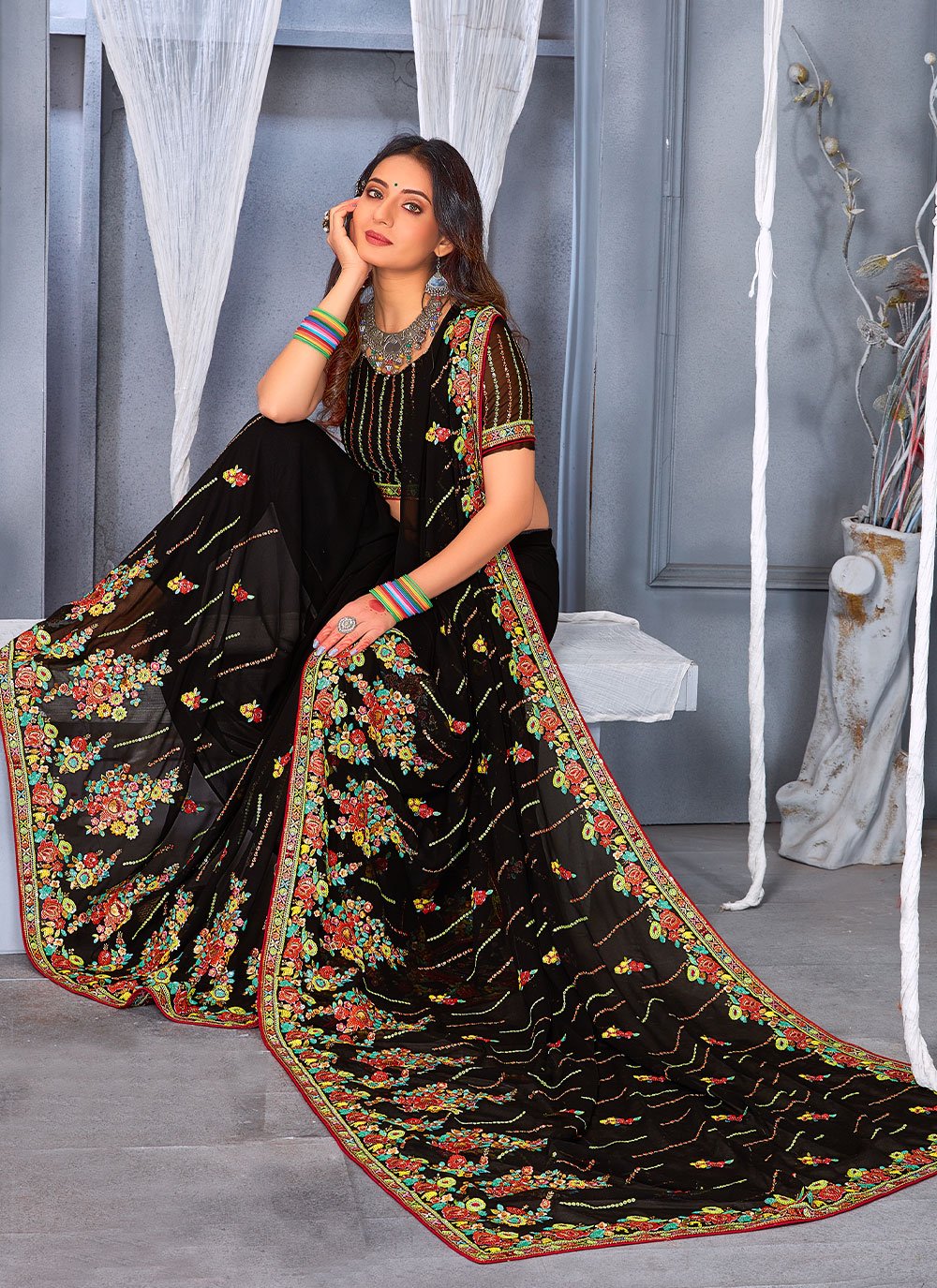 Contemporary Georgette Black Embroidered Saree