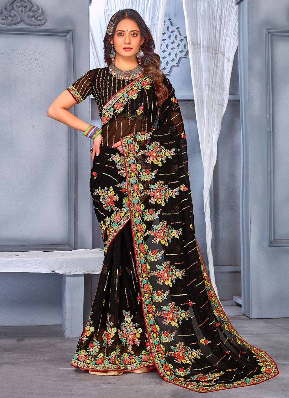 Contemporary Georgette Black Embroidered Saree