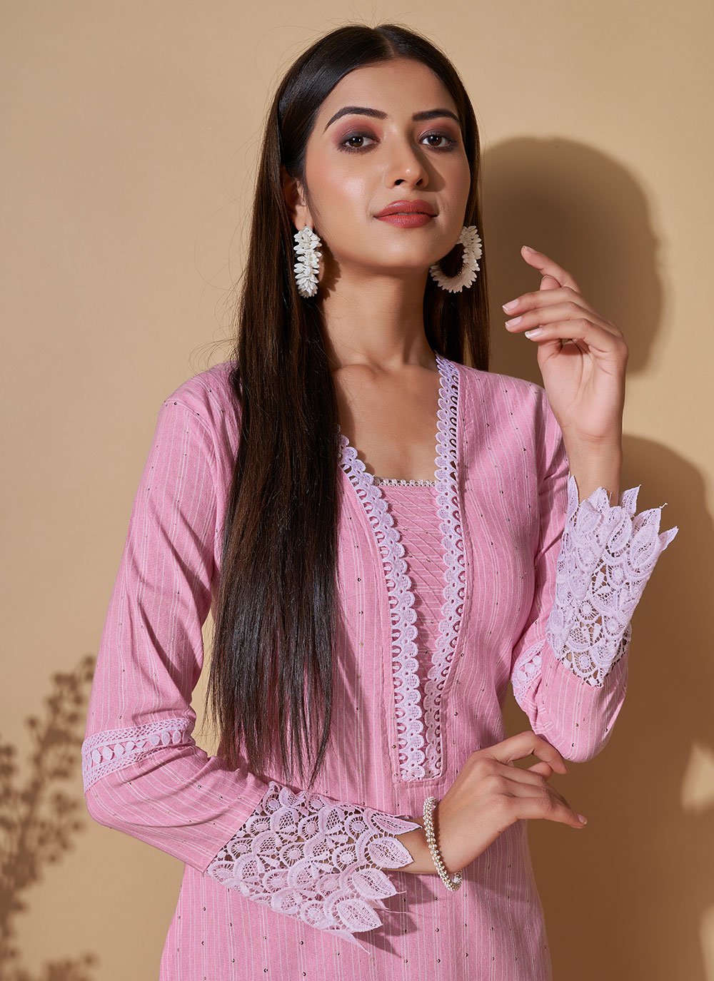 Casual Kurti Cotton Pink Sequins Kurtis