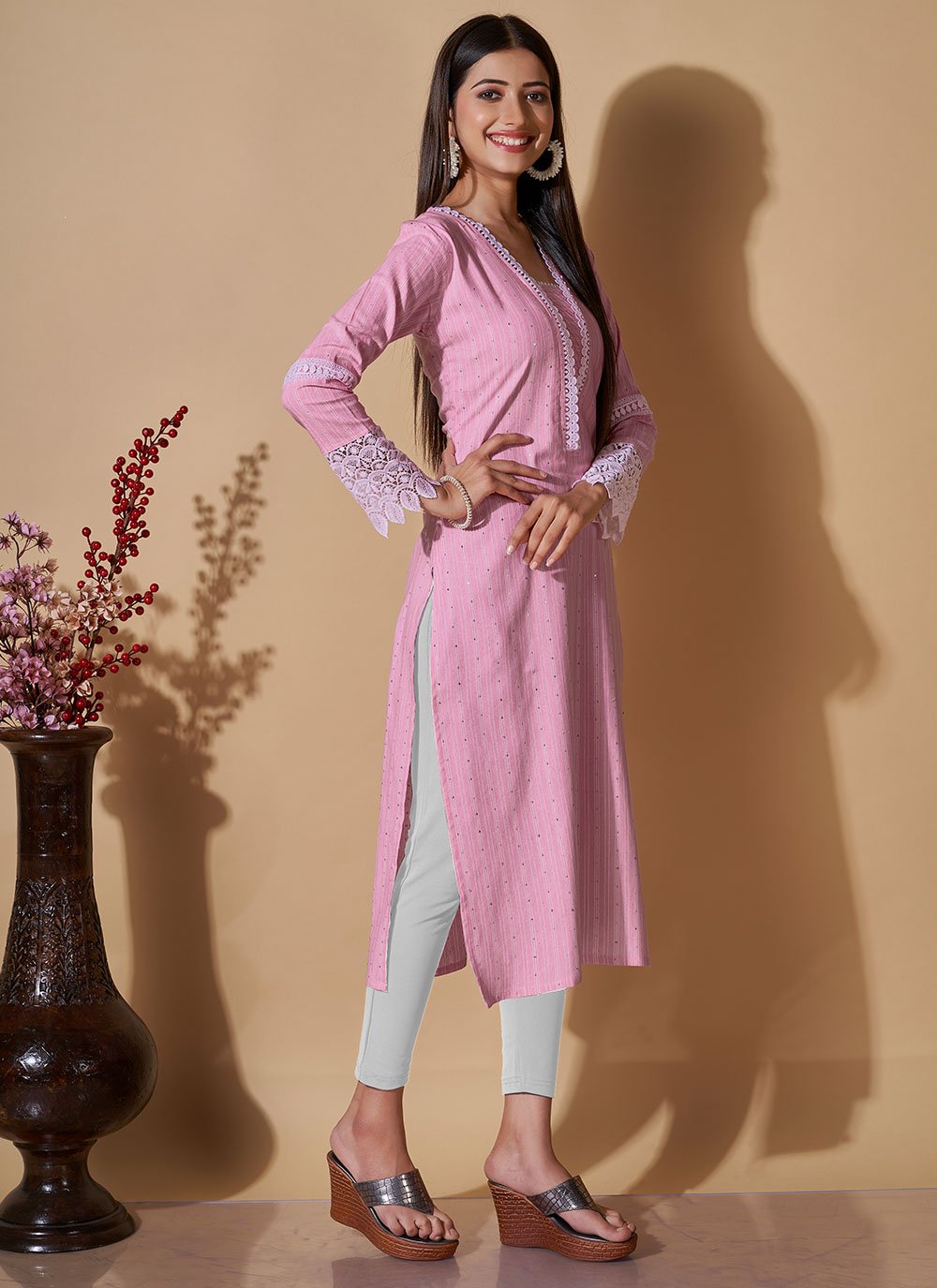 Casual Kurti Cotton Pink Sequins Kurtis