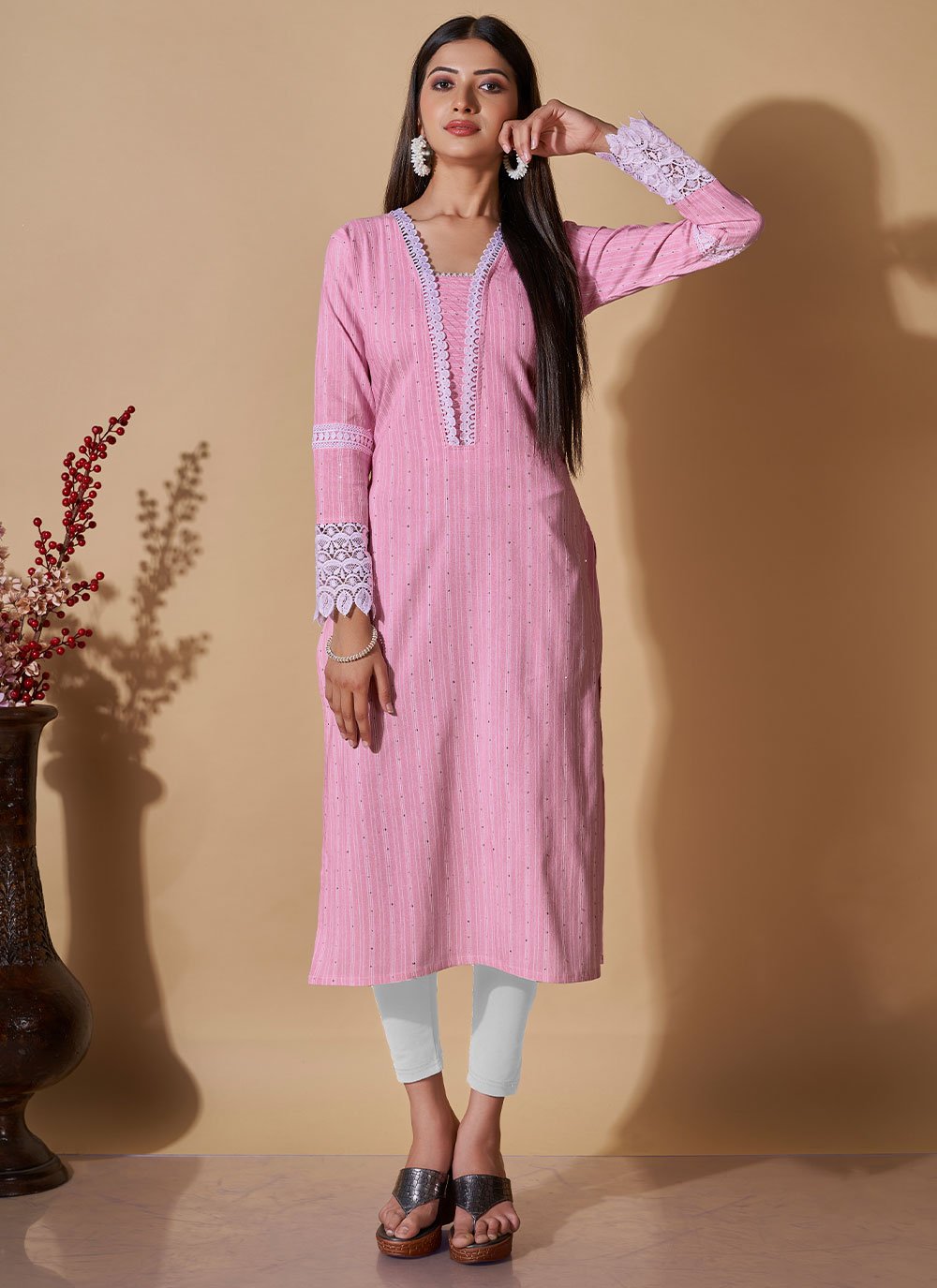 Casual Kurti Cotton Pink Sequins Kurtis