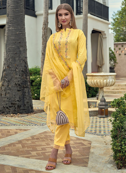 Salwar Suit Cotton Yellow Embroidered Salwar Kameez