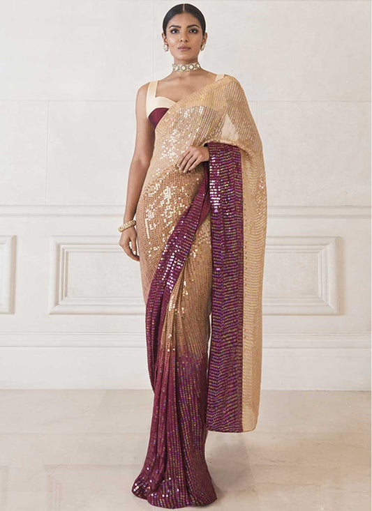 Shaded Saree Georgette Cream Maroon Sequins Saree