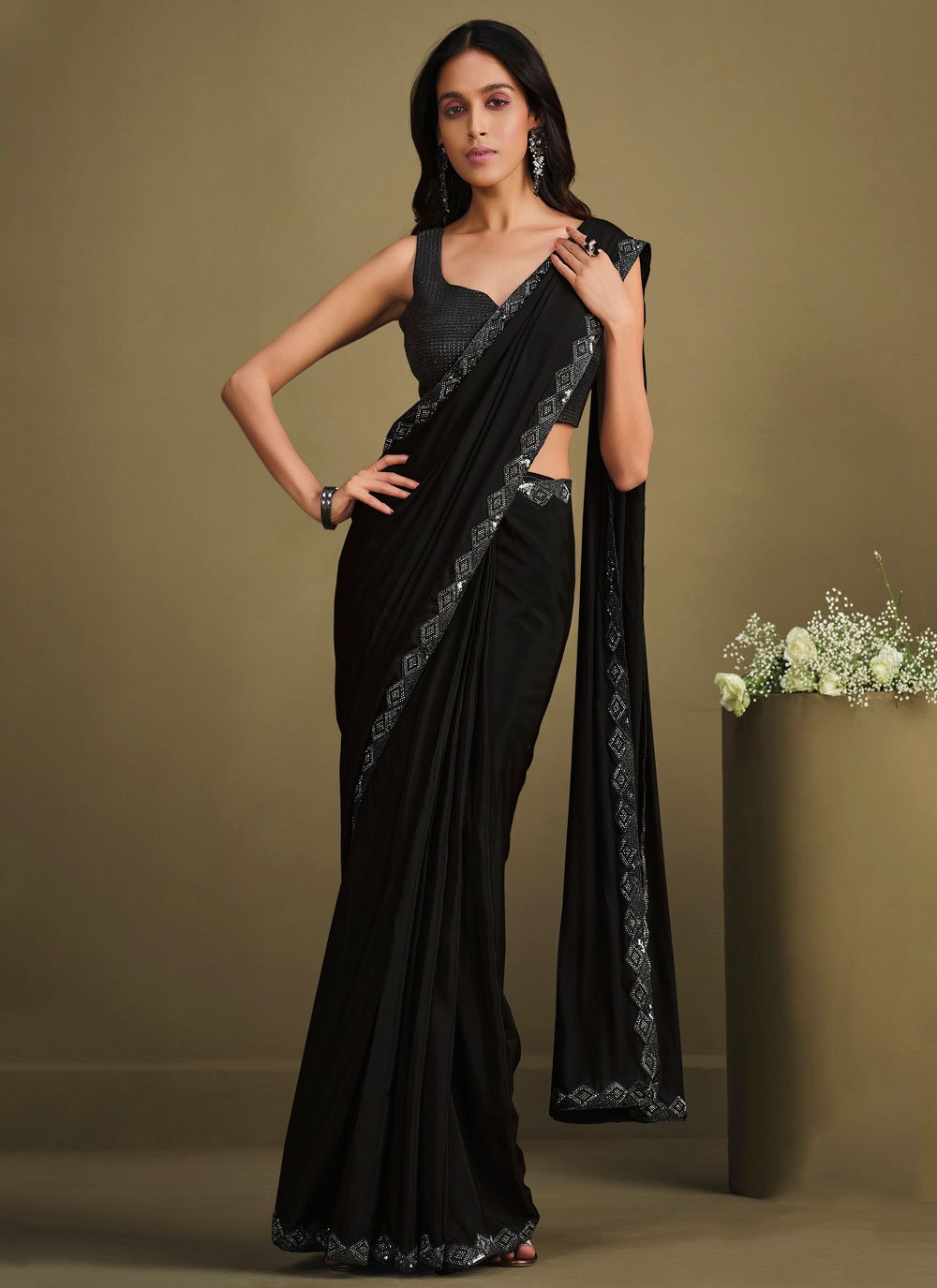 Contemporary Crepe Silk Black Embroidered Saree