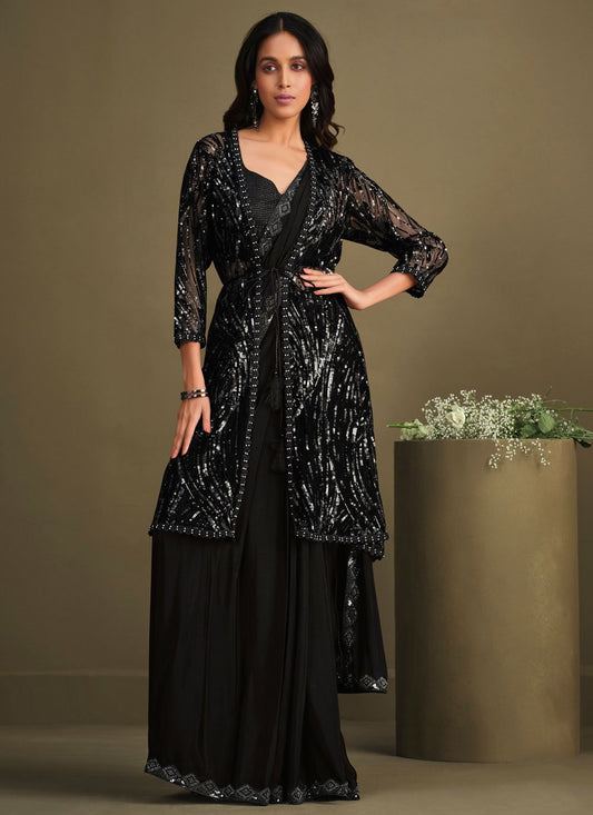 Contemporary Crepe Silk Black Embroidered Saree