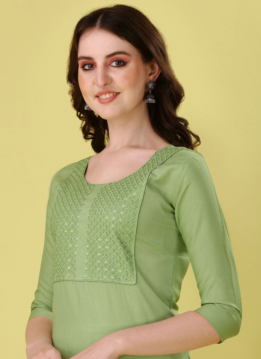 Designer Kurti Rayon Green Embroidered Kurtis