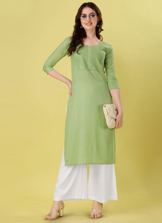 Designer Kurti Rayon Green Embroidered Kurtis