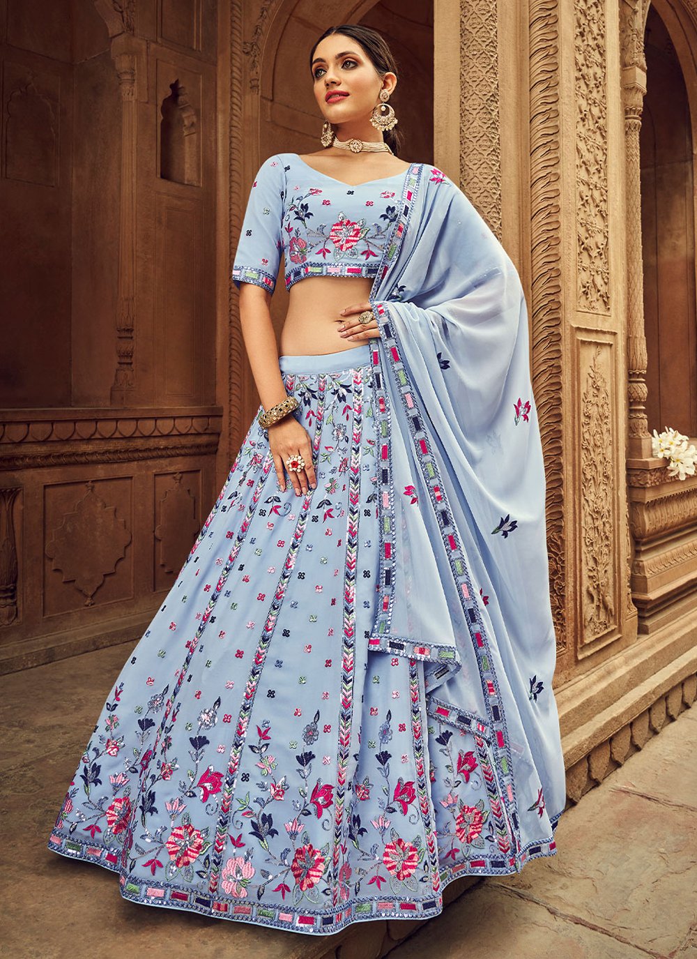 Lehenga Choli Georgette Blue Embroidered Lehenga Choli