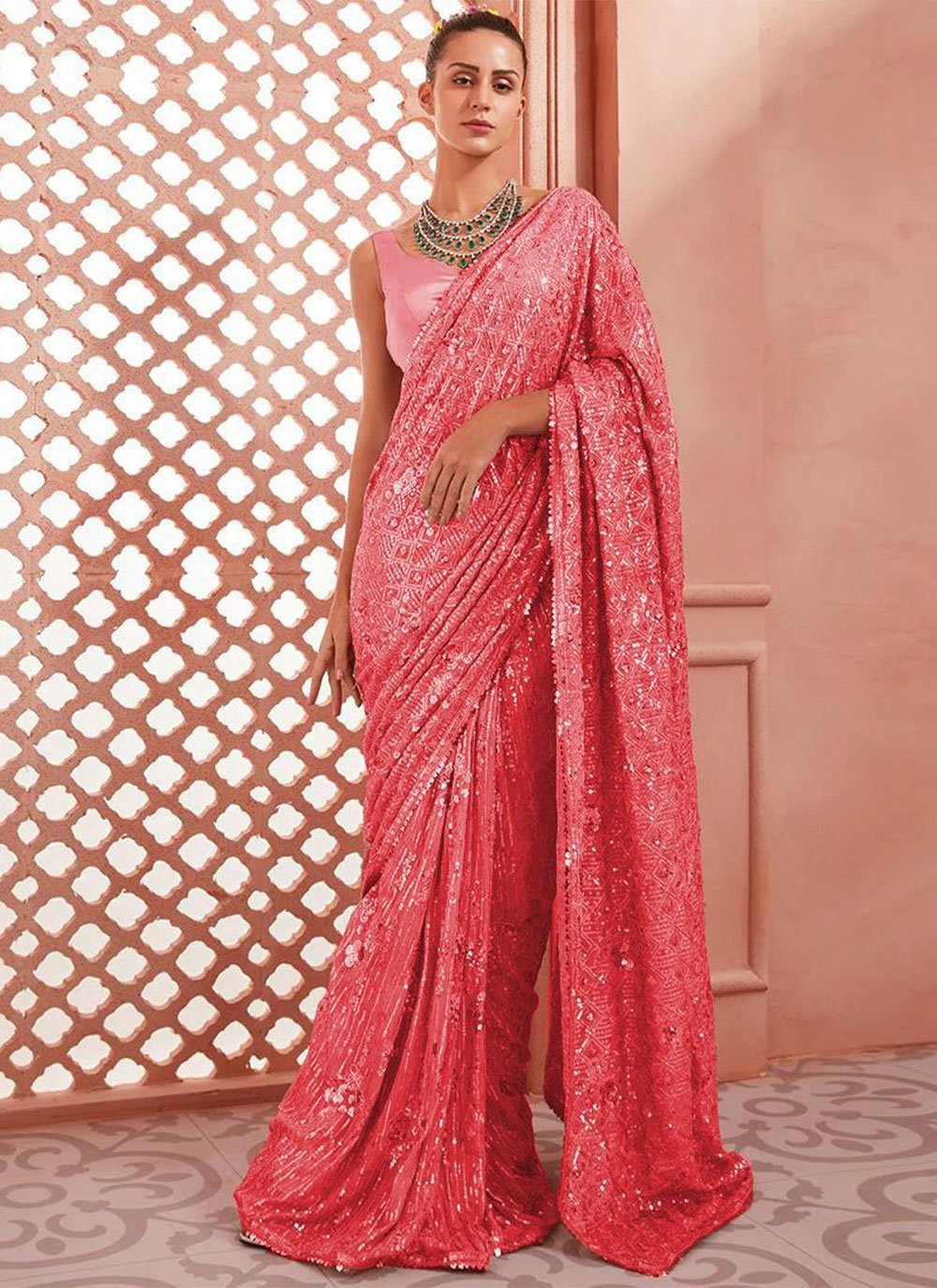 Contemporary Georgette Pink Sequins Saree