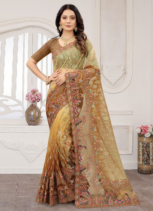 Classic Net Brown Yellow Cord Work Saree