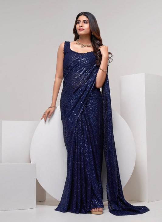 Trendy Saree Georgette Blue Embroidered Saree