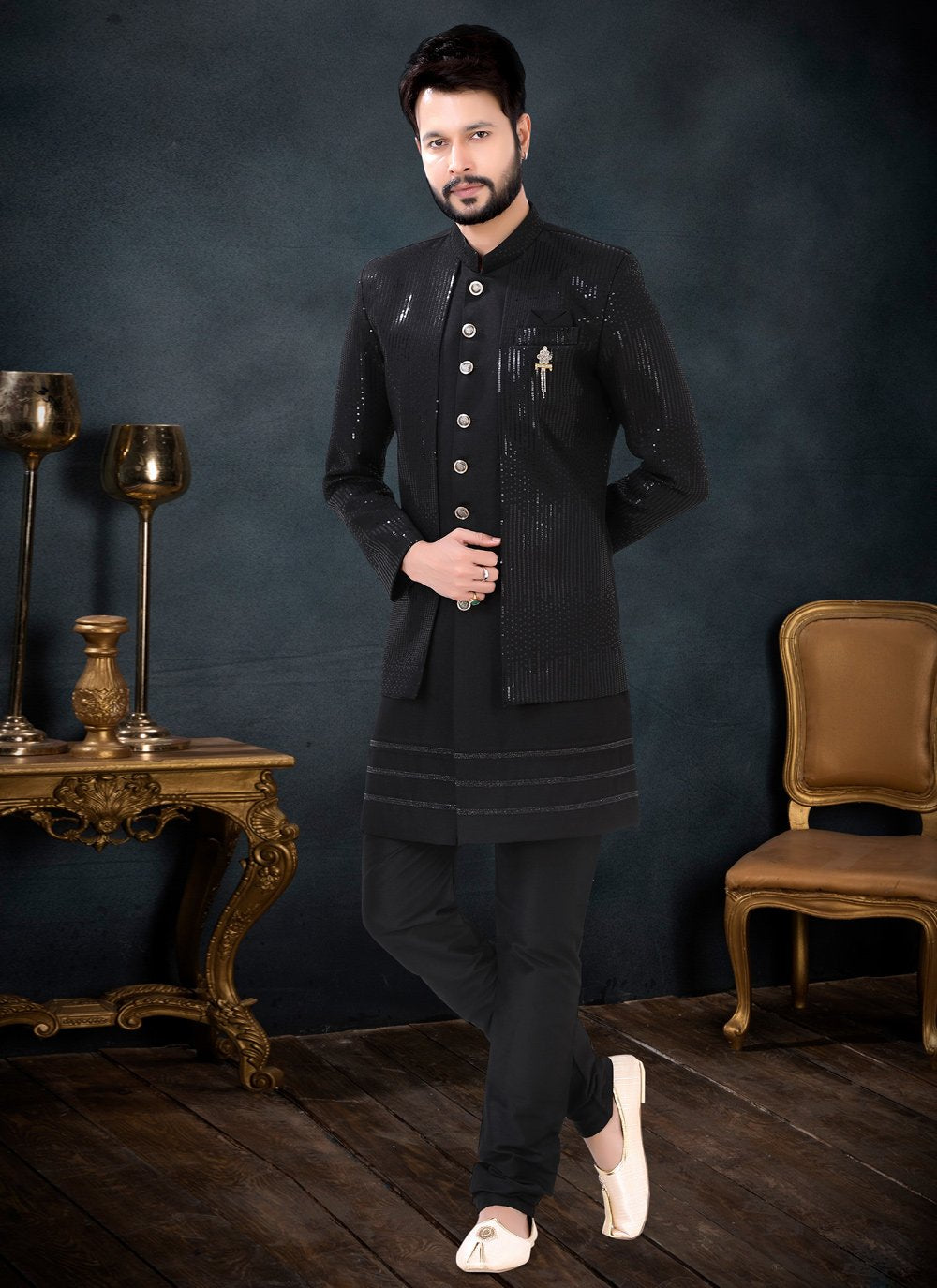 Indo Western Sherwani Fancy Fabric Black Sequins Mens