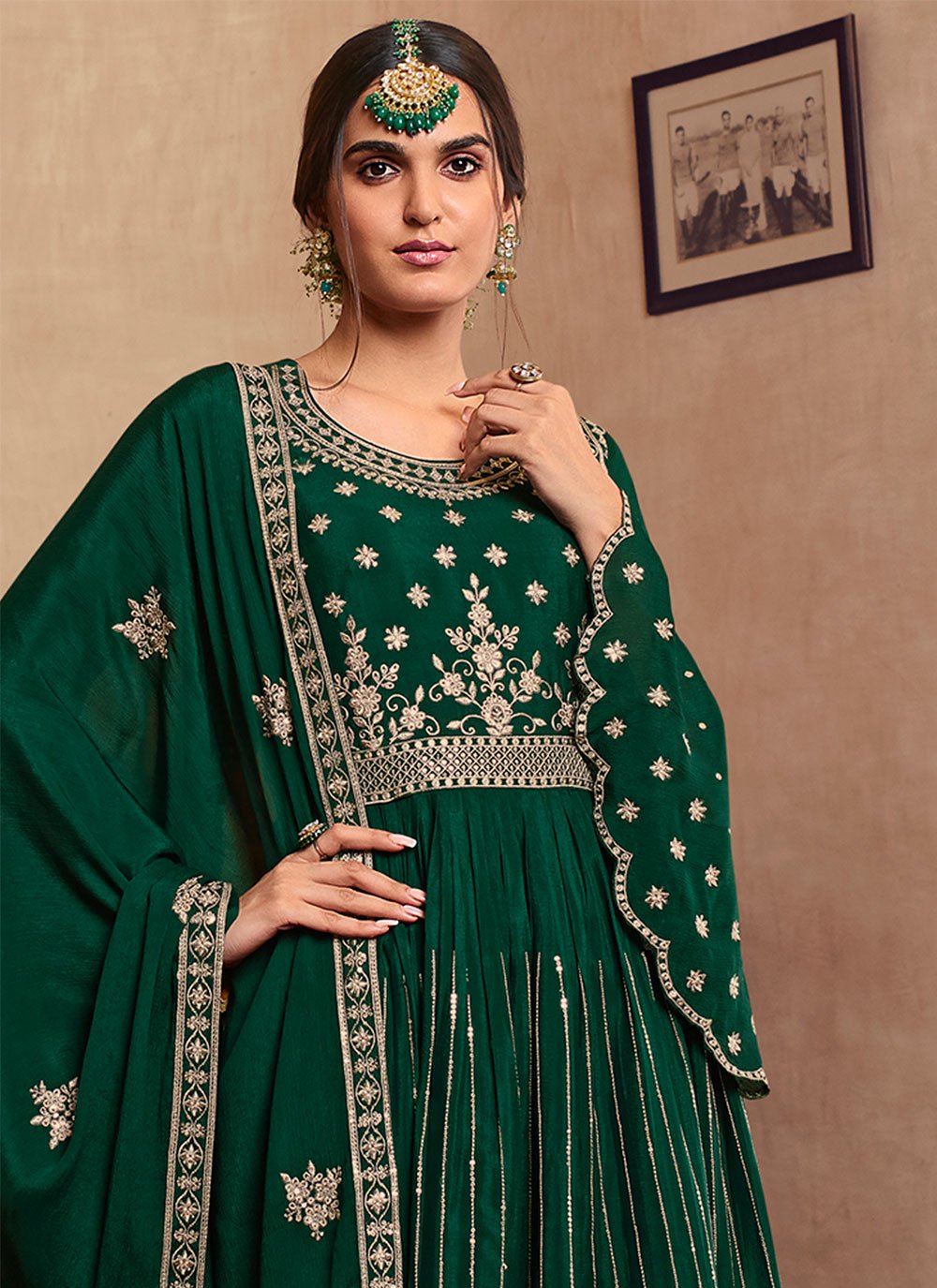 Salwar Suit Faux Chiffon Green Embroidered Salwar Kameez