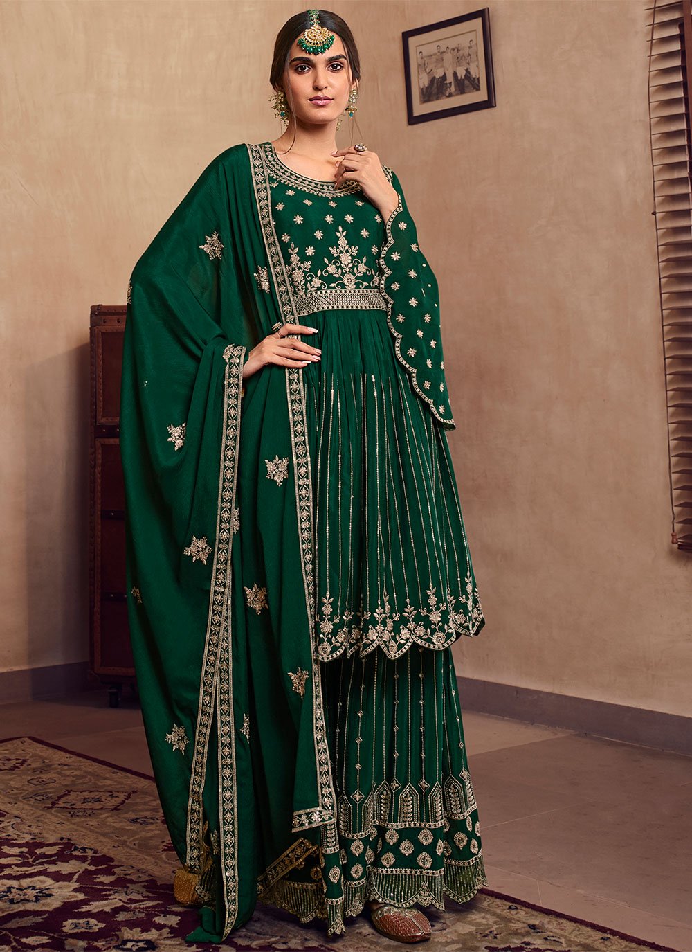 Salwar Suit Faux Chiffon Green Embroidered Salwar Kameez