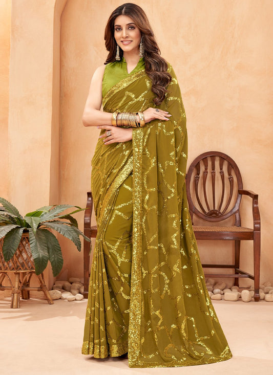 Classic Faux Georgette Green Sequins Saree