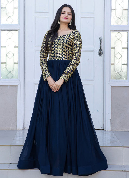 Gown Faux Georgette Blue Embroidered Gown